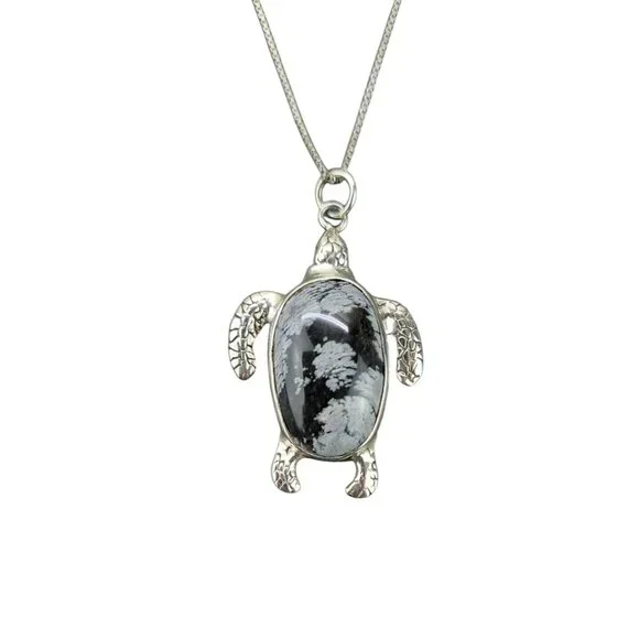 Vintage Turtle Pendant Necklace Snowflake Obsidian Stone Chain Sterling Silver - Picture 1 of 12